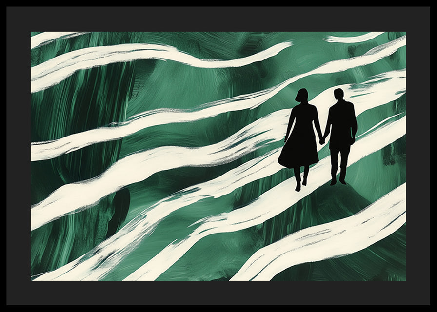 Silhouettes on a hand-in-hand walk through green, swirling streams-12