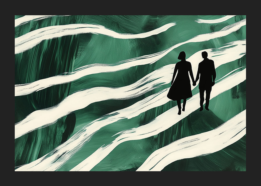 Silhouettes on a hand-in-hand walk through green, swirling streams-12