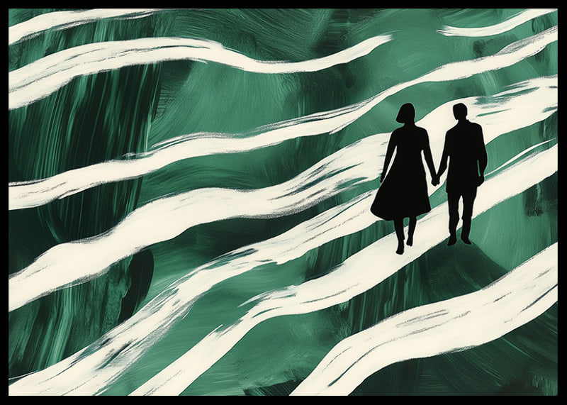 Silhouettes on a hand-in-hand walk through green, swirling streams-12