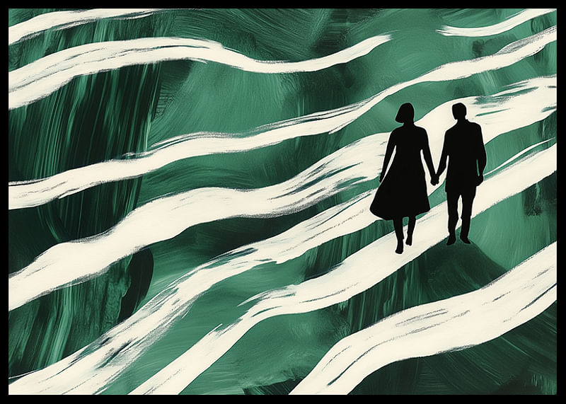 Silhouettes on a hand-in-hand walk through green, swirling streams-12