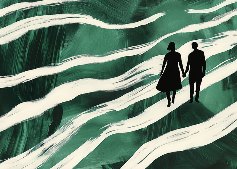 Silhouettes on a hand-in-hand walk through green, swirling streams-12