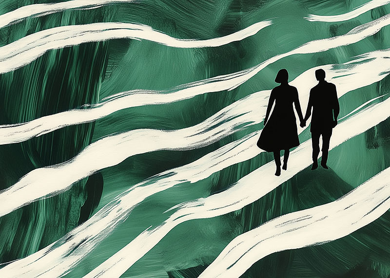 Silhouettes on a hand-in-hand walk through green, swirling streams-12