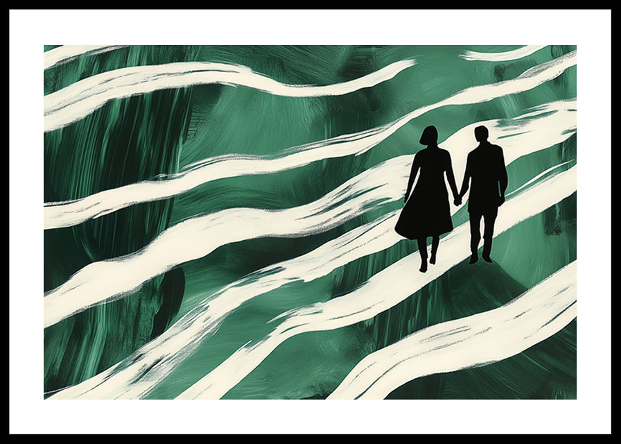 Silhouettes on a hand-in-hand walk through green, swirling streams-12