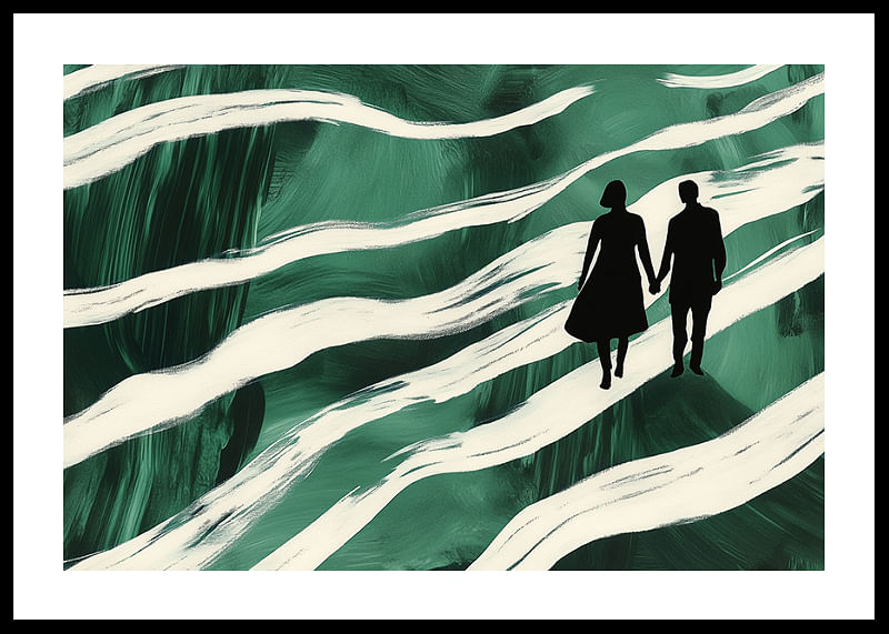 Silhouettes on a hand-in-hand walk through green, swirling streams-12