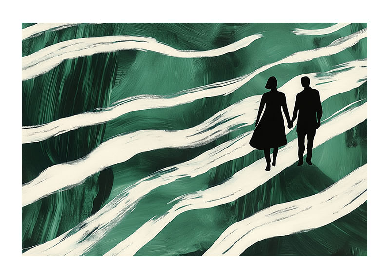 Silhouettes on a hand-in-hand walk through green, swirling streams-12