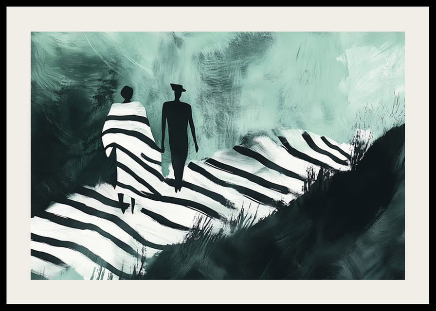 Zwei Silhouetten gehen einen verträumten Weg in sanften Farben entlang-12