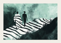 Zwei Silhouetten gehen einen verträumten Weg in sanften Farben entlang-3