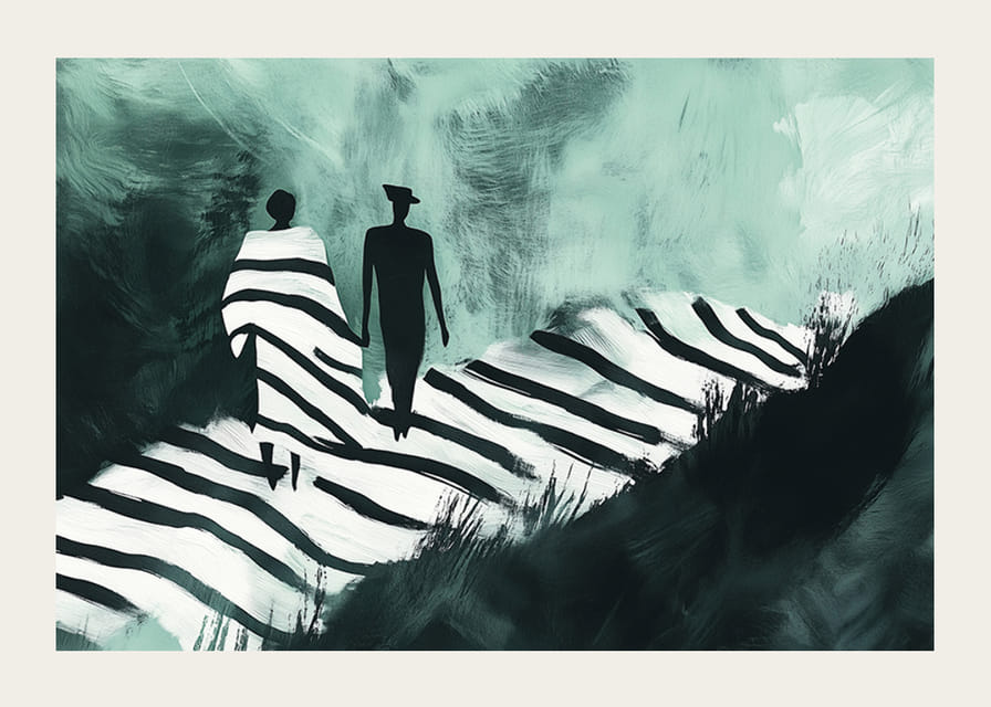 Zwei Silhouetten gehen einen verträumten Weg in sanften Farben entlang-12