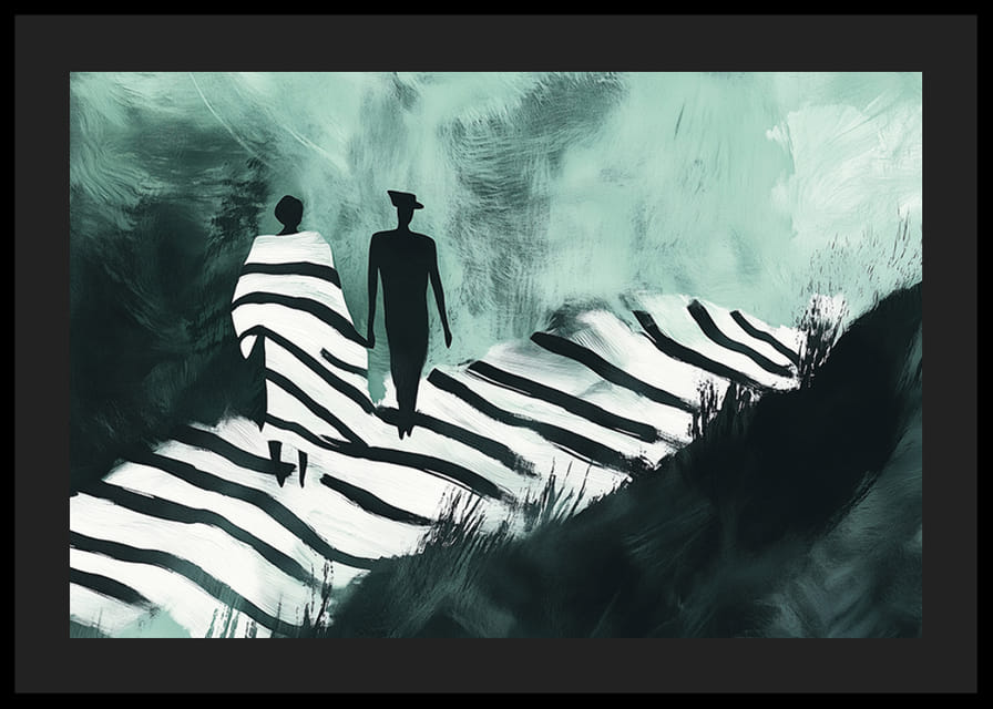 Zwei Silhouetten gehen einen verträumten Weg in sanften Farben entlang-12