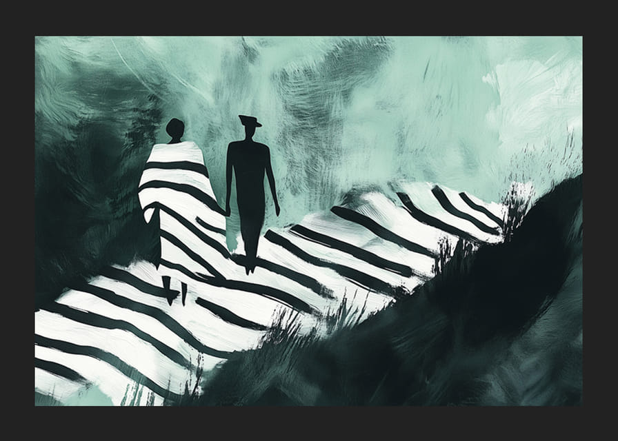 Zwei Silhouetten gehen einen verträumten Weg in sanften Farben entlang-12