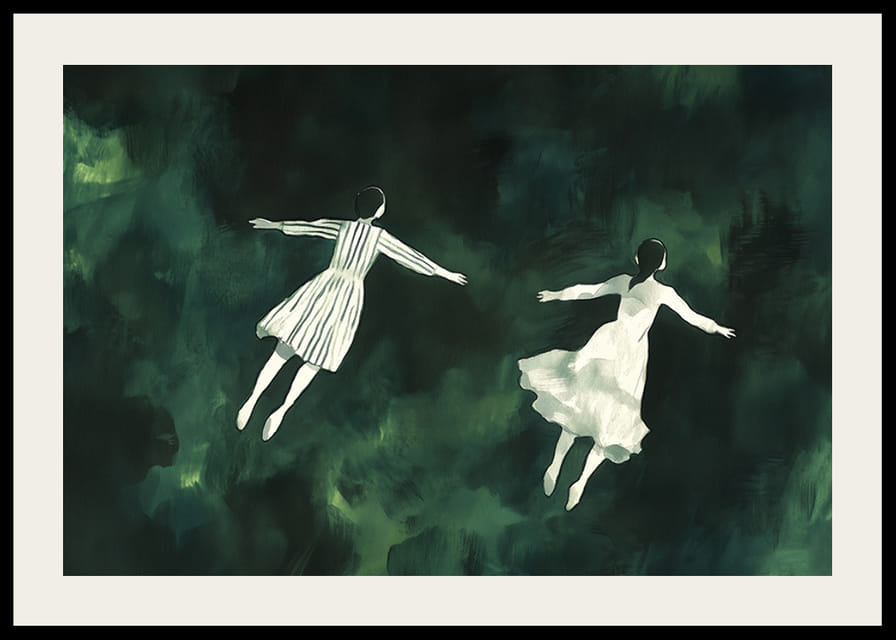 Deux personnages flottent gracieusement dans un mystérieux paysage vert-12