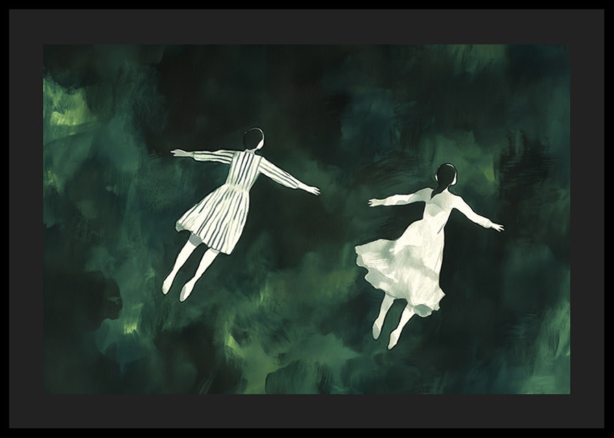 Two figures float gracefully in a mysterious green landscape-12