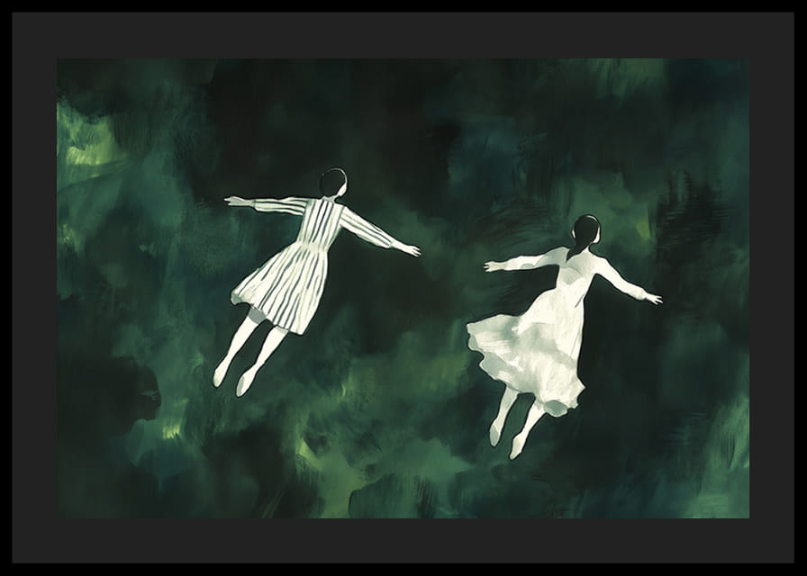 Deux personnages flottent gracieusement dans un mystérieux paysage vert-12