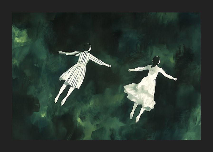 Two figures float gracefully in a mysterious green landscape-12