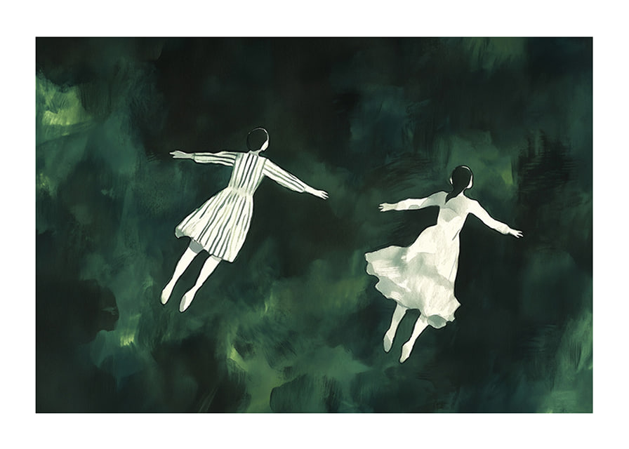 Two figures float gracefully in a mysterious green landscape-12