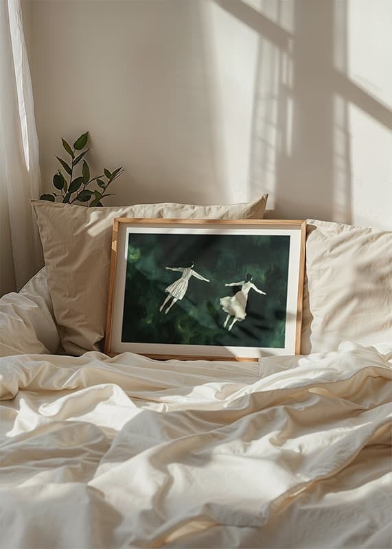Two figures float gracefully in a mysterious green landscape-12