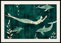 Mystisk sjöjungfru omgiven av delfiner i blågröna vatten-2