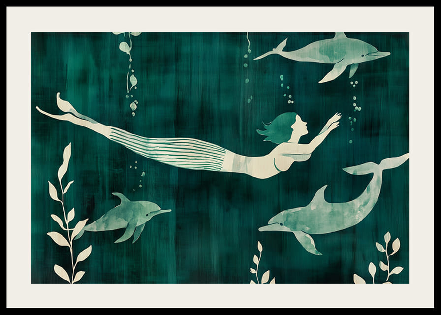 Mystisk sjöjungfru omgiven av delfiner i blågröna vatten-12