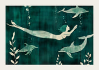 Mystisk sjöjungfru omgiven av delfiner i blågröna vatten-3