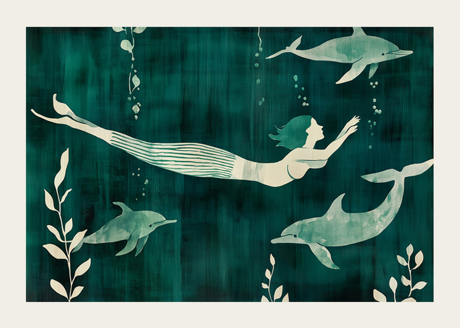 Mystisk sjöjungfru omgiven av delfiner i blågröna vatten-12