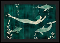 Mystisk sjöjungfru omgiven av delfiner i blågröna vatten-4