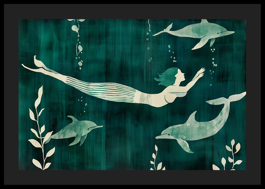 Mystisk sjöjungfru omgiven av delfiner i blågröna vatten-12