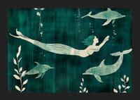 Mystisk sjöjungfru omgiven av delfiner i blågröna vatten-5