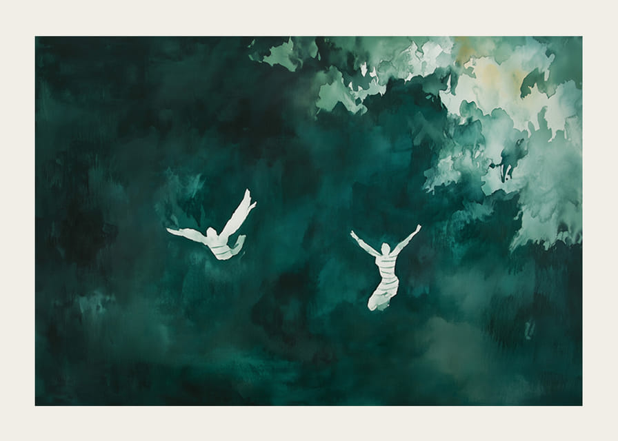 Dos siluetas flotan en una misteriosa niebla verde.-12