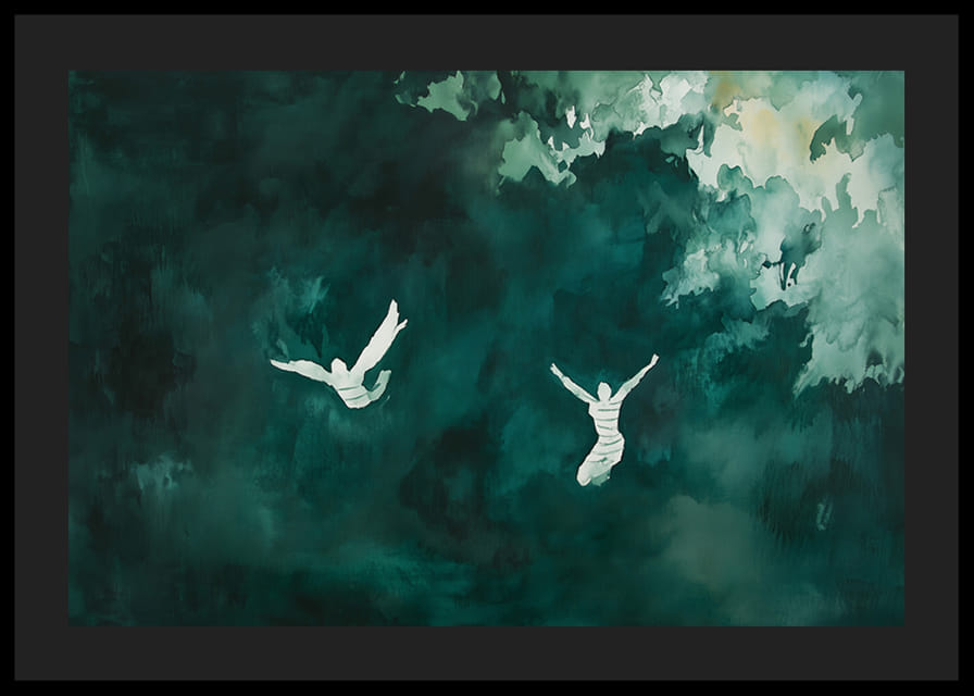 Dos siluetas flotan en una misteriosa niebla verde.-12