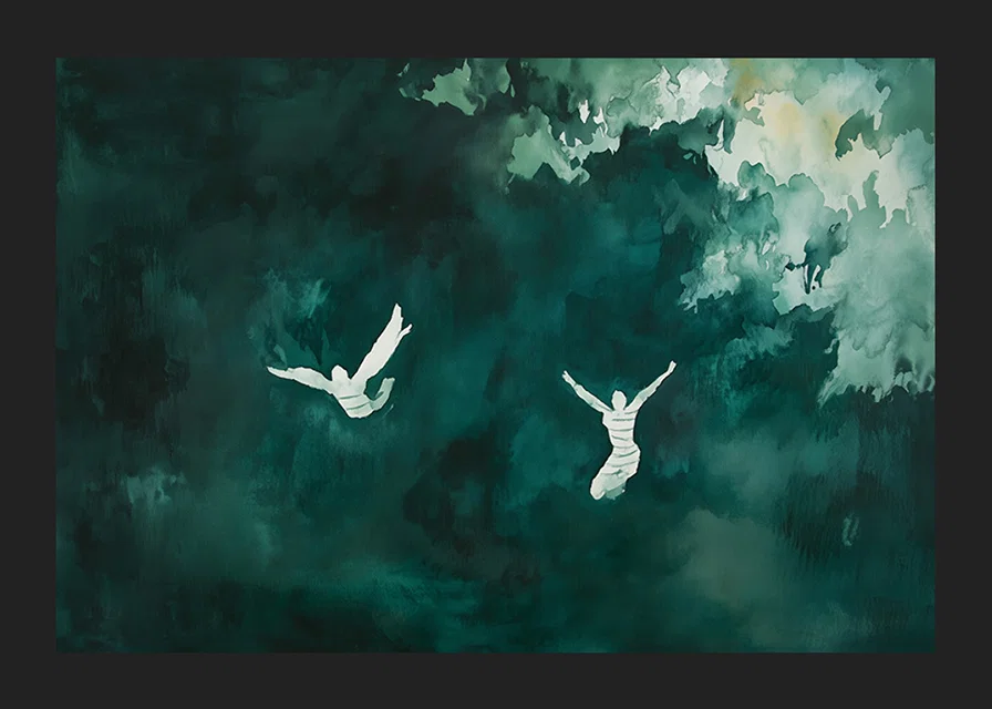 Two silhouettes float in a mysterious green mist.-12