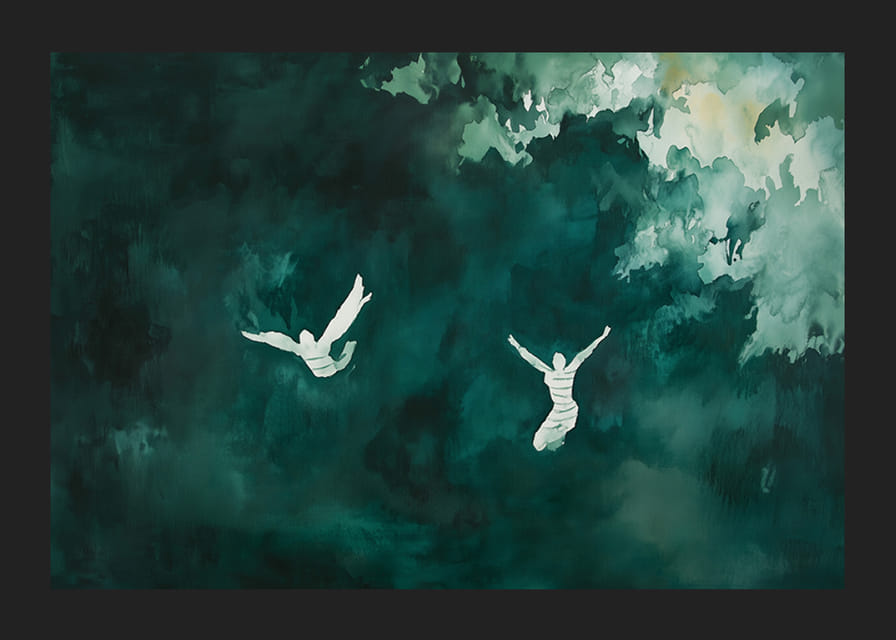 Dos siluetas flotan en una misteriosa niebla verde.-12