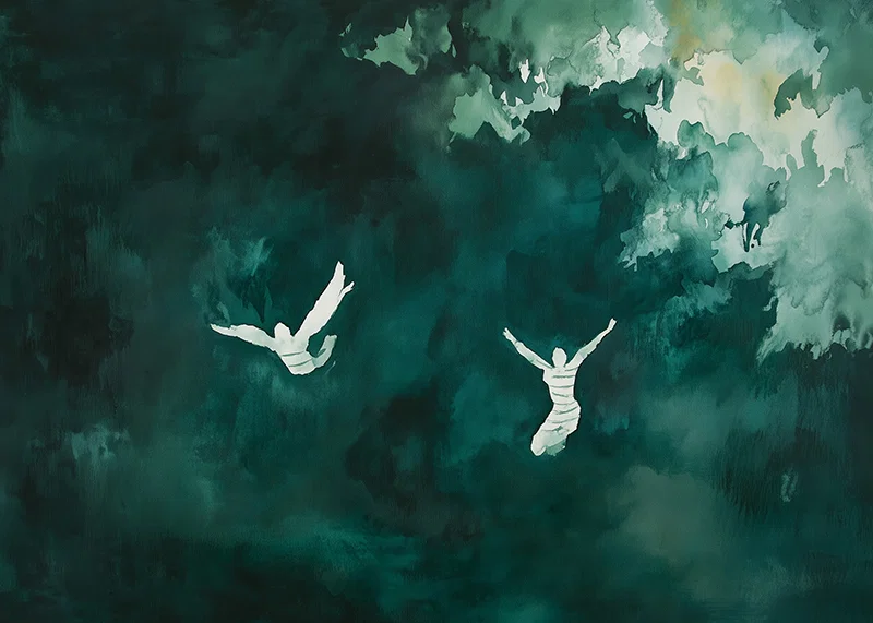 Two silhouettes float in a mysterious green mist.-12