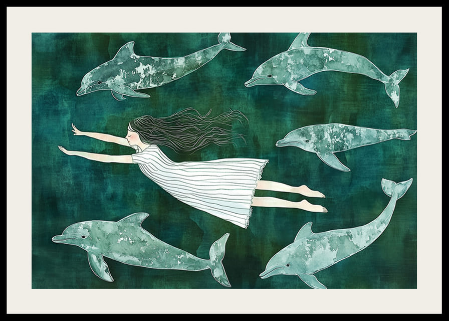 Dziewczynka dryfuje z delfinami po marzycielskim, błękitnym morzu-12