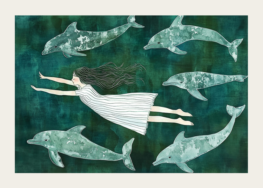 Dziewczynka dryfuje z delfinami po marzycielskim, błękitnym morzu-12