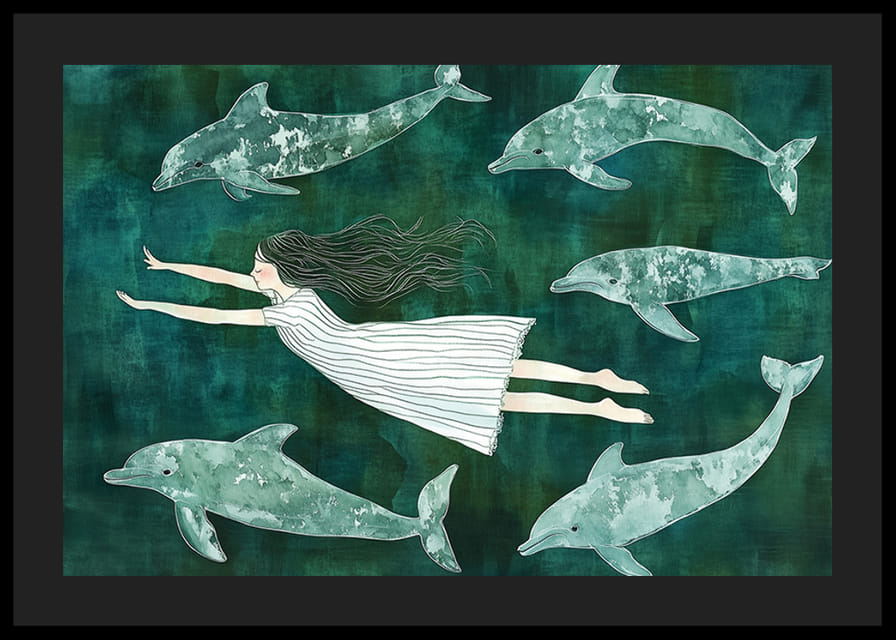 Dziewczynka dryfuje z delfinami po marzycielskim, błękitnym morzu-12