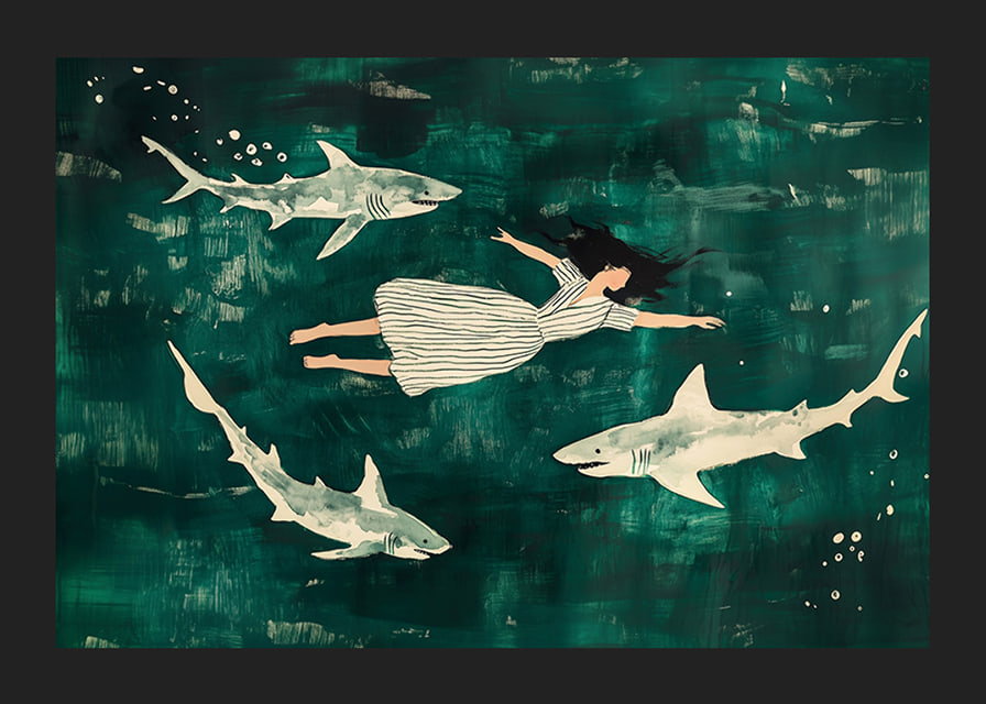 Dreamlike swim with sharks in a mysterious, green sea-12
