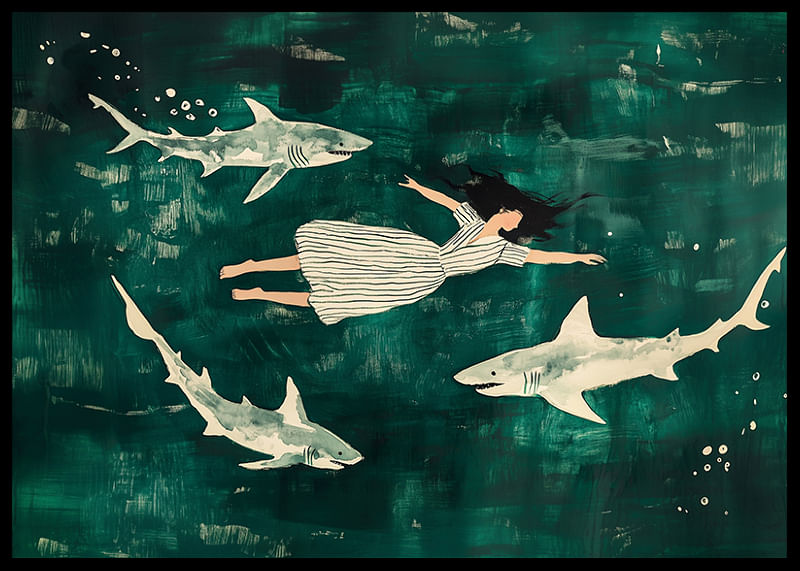 Dreamlike swim with sharks in a mysterious, green sea-12
