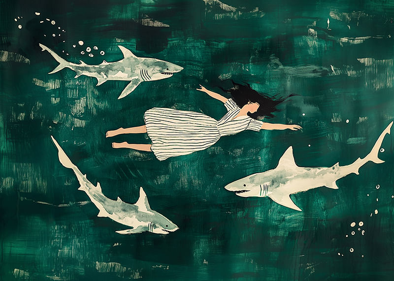 Dreamlike swim with sharks in a mysterious, green sea-12