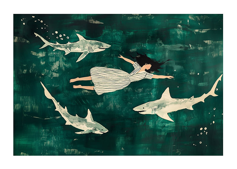 Dreamlike swim with sharks in a mysterious, green sea-12