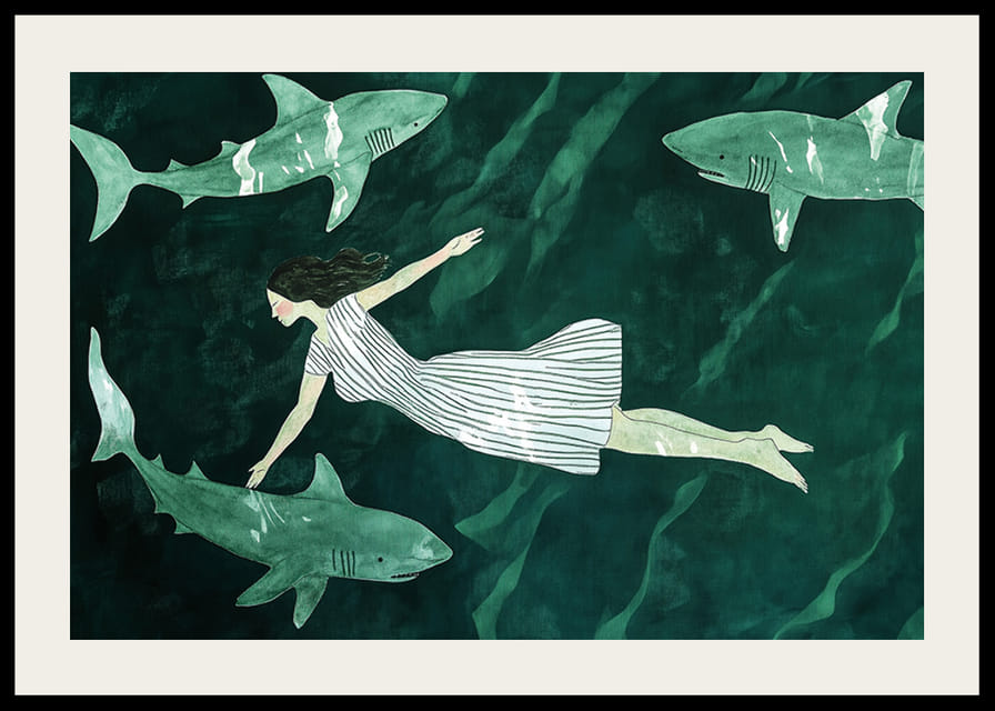 Egy nő békésen lebeg a cápák között a mélyzöld vízben-12