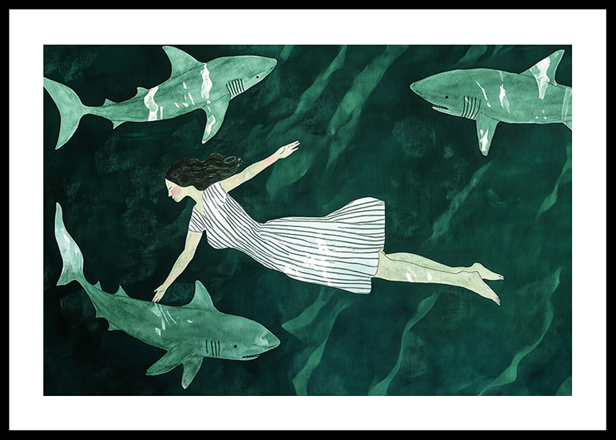 Una mujer flota pacíficamente entre tiburones en aguas de un verde intenso-12