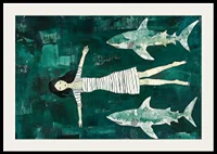 Dark mysterious sea with a girl surrounded by sharks-2