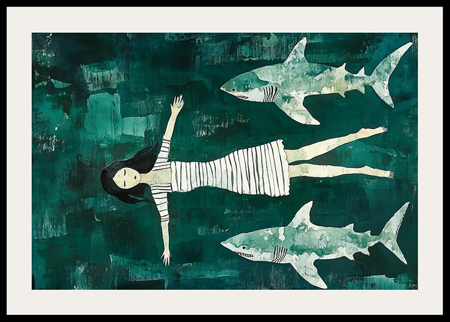 Dark mysterious sea with a girl surrounded by sharks-12