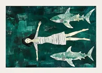 Dark mysterious sea with a girl surrounded by sharks-3