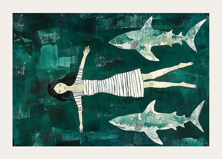 Dark mysterious sea with a girl surrounded by sharks-12