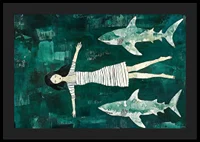 Dark mysterious sea with a girl surrounded by sharks-4