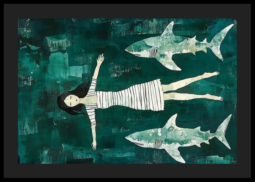 Temné tajomné more s dievčaťom obklopeným žralokmi-12