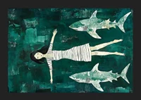 Dark mysterious sea with a girl surrounded by sharks-5