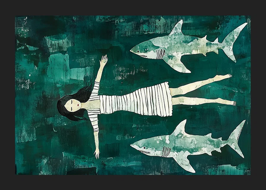 Dark mysterious sea with a girl surrounded by sharks-12
