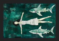 Temné tajomné more s dievčaťom obklopeným žralokmi-5